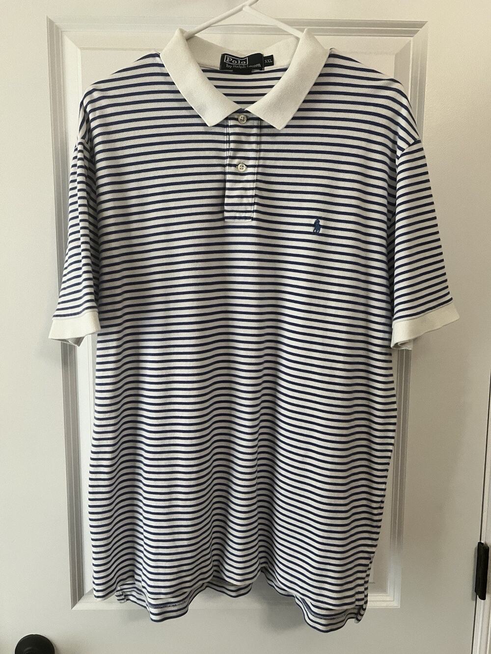 Ralph Lauren Striped Short Sleeve Polo Shirt XXL Navy Blue Golf Dress Casual